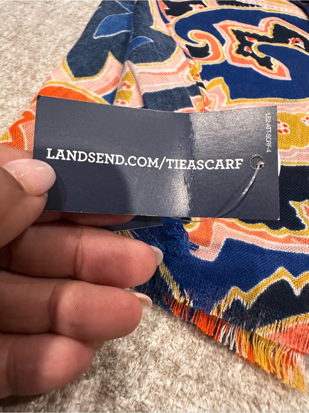 Lands' End Navy Scarf with Orange, Yellow & Pink Paisley Floral Print - Picture 4 of 8